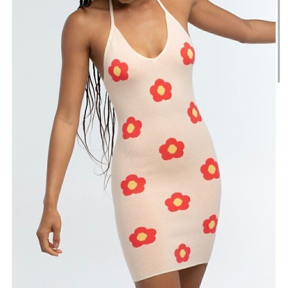 RSQ Floral Knit Halter Dress With Red & Yellow Daisy Pattern, SMALL - Picture 1 of 7
